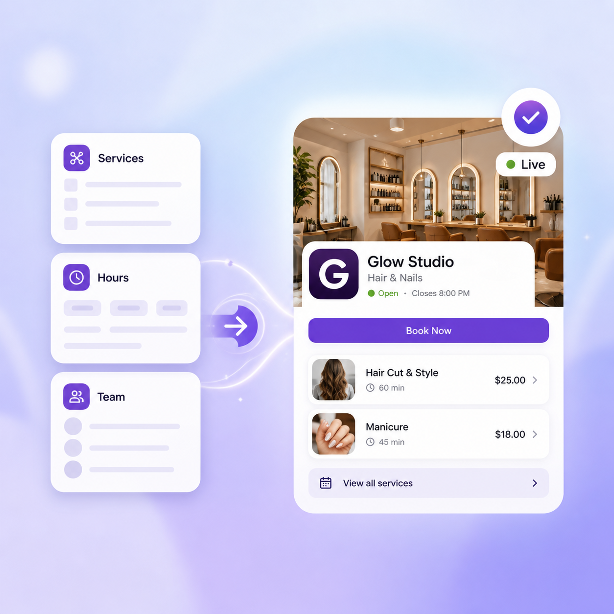 GLO salon setup flowing from services, hours and team configuration to a live booking profile
