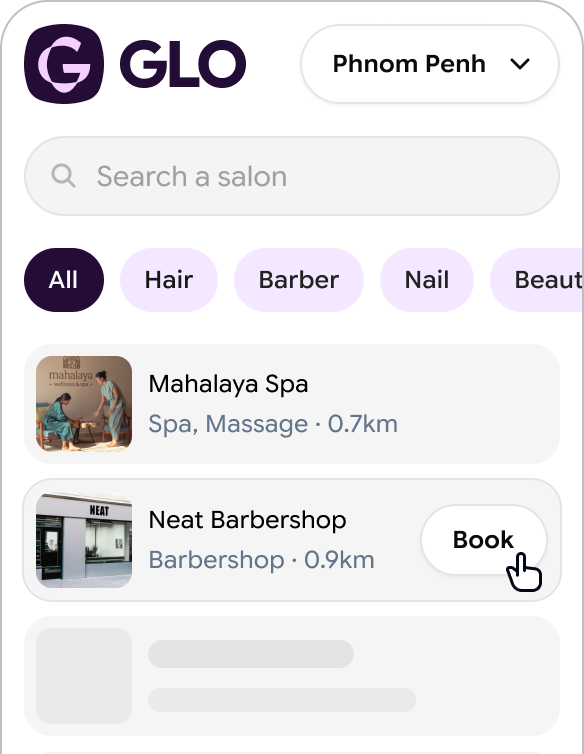 GLO salon discovery sidebar with search, filters and nearby salons